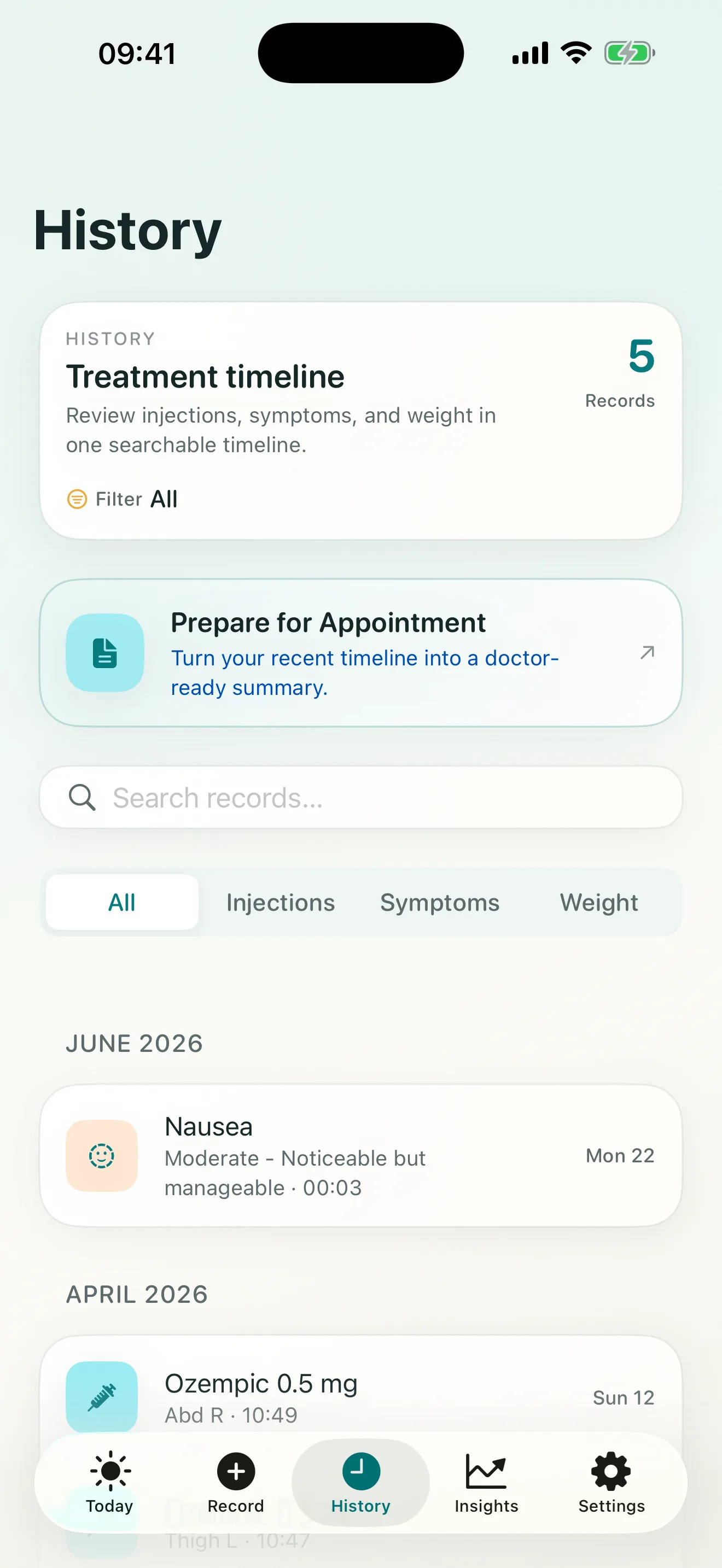 Steadiva History screen with treatment timeline