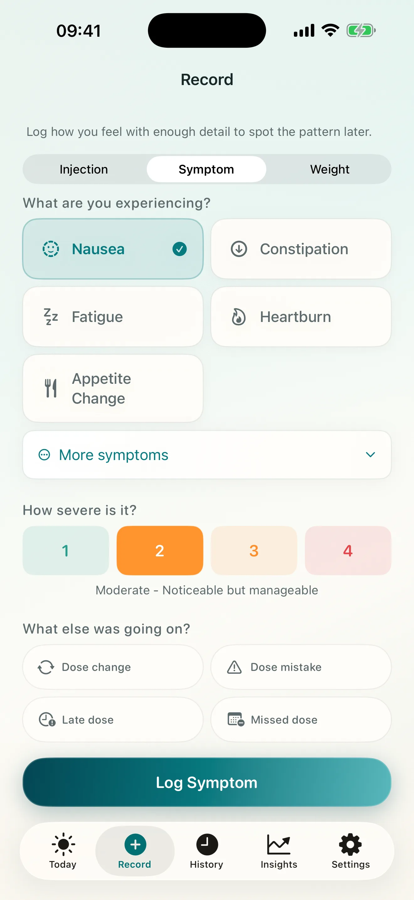 Steadiva Record screen for symptom tracking
