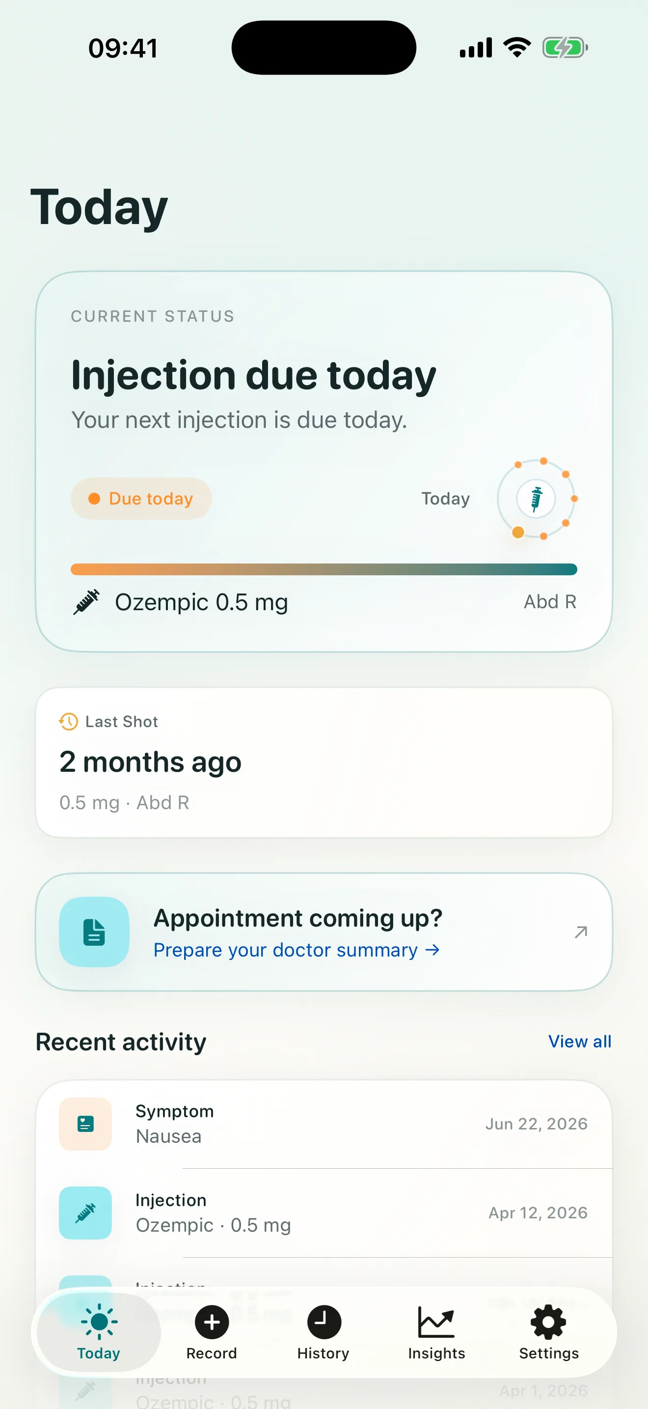 Steadiva Today screen showing injection status and recent activity